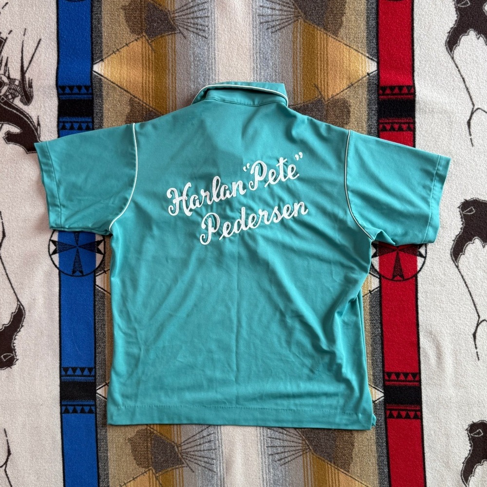 Vintage King Louie Bowling Shirt Mens Large Teal Pete Pedersen Embroidered USA